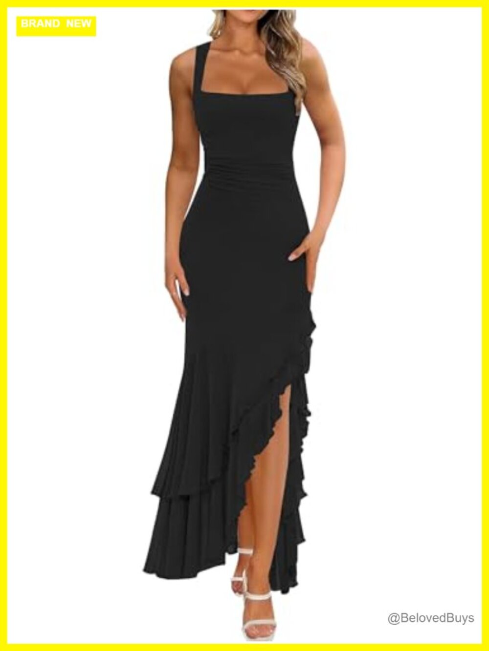 Elegant Bodycon Ruched Maxi Dress Sleeveless Square Neck High Slit Party